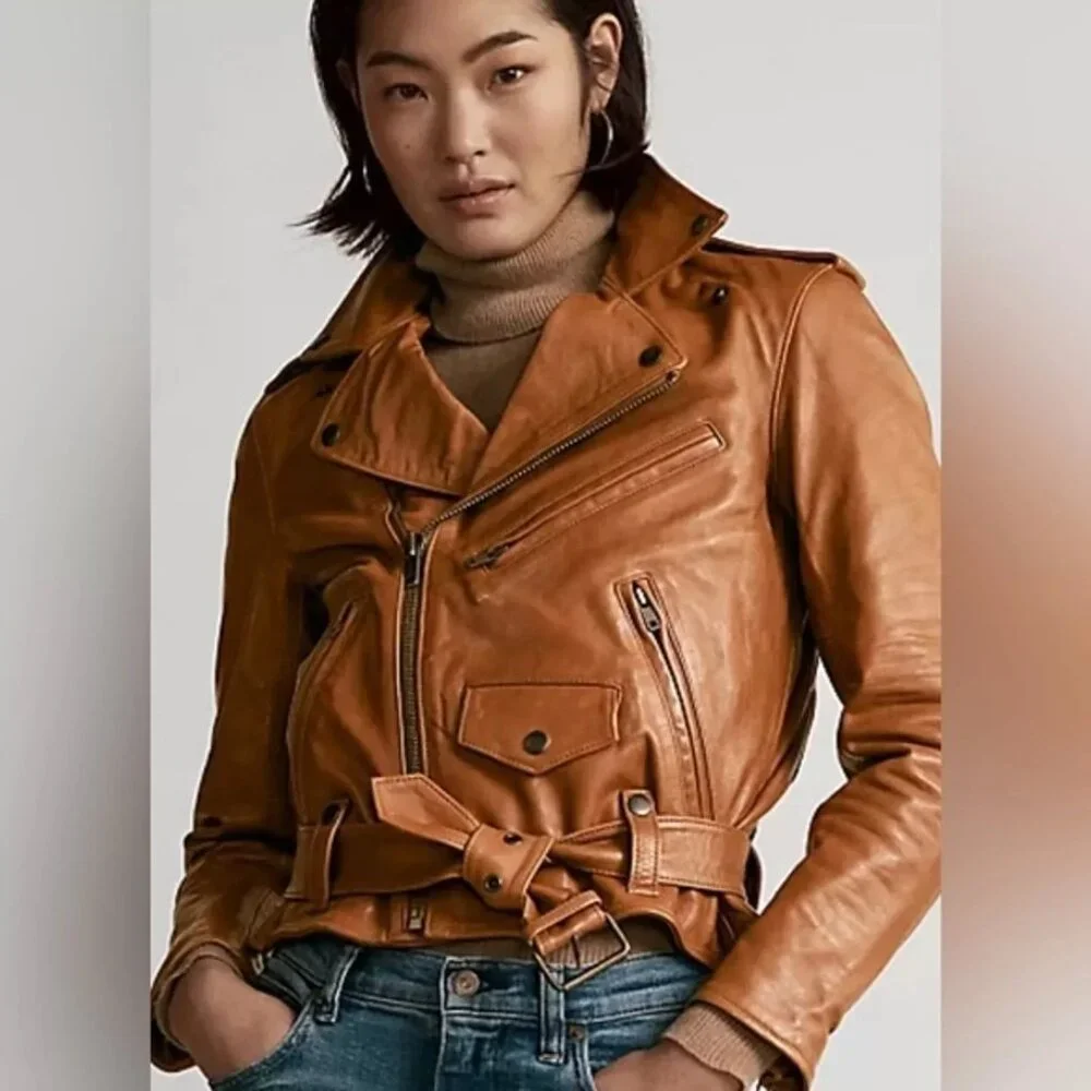 Ralph Lauren Buttery Soft Lamb Leather Motto jacket Sz 2 Brown $769 - Picture 1 of 5